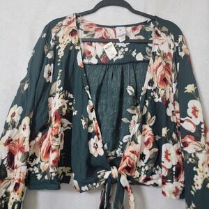 Green Floral Wrap Blouse PLUS 3XL Cottagecore Boho Fairy Whimsy Bell Sleeve NWT!